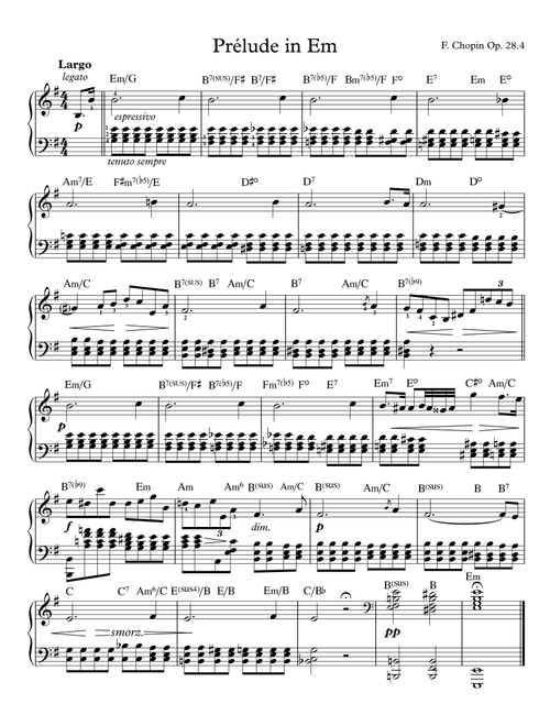 Prélude in Em Op.28.4 w/ Chord Symbols (Arr. Andre Fylling) - Frédéric Chopin (Piano Solo)