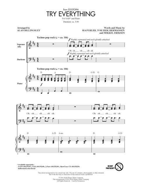 Try Everything (from Zootopia) (arr. Alan Billingsley) - Shakira (Choral, SAB)