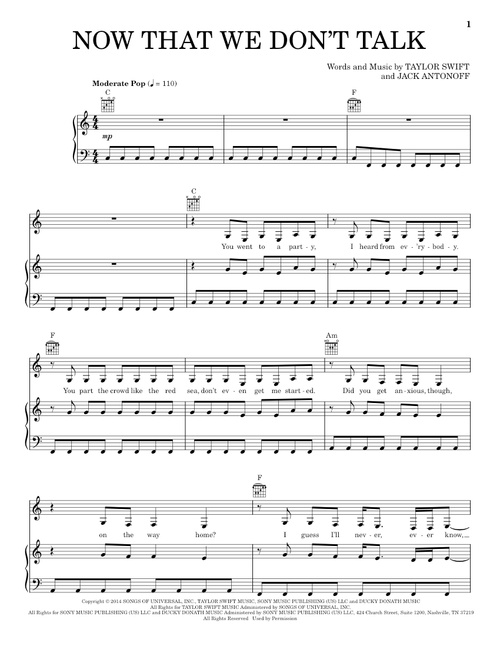 Now That We Don't Talk (Taylor's Version) (From The Vault) - Taylor Swift (Piano-Vocal-Guitar)