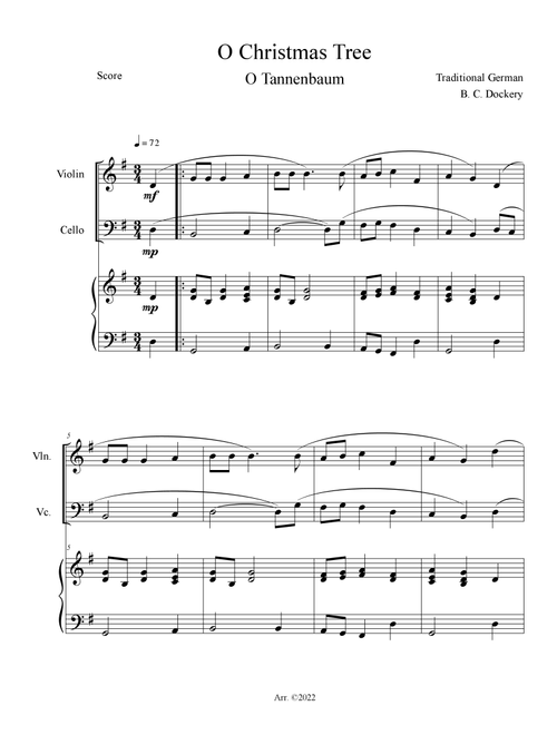 O Christmas Tree (O Tannenbaum) for Violin and Cello Duet with Piano Accompaniment (Arr. B. C. Dockery) - Traditional (Instrumental Duet and Piano)
