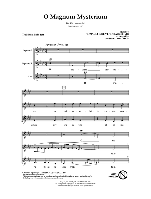 O Magnum Mysterium (arr. Russell Robinson) - Tomas Luis De Victoria, Traditional Latin Text (Choral, SSA)