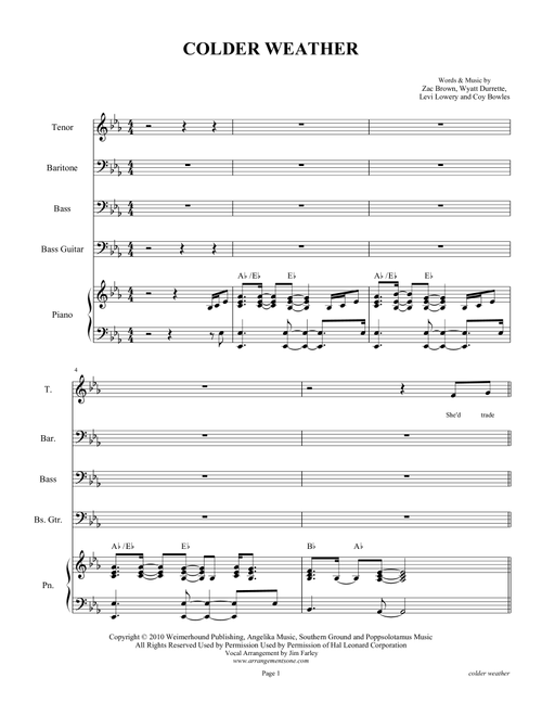 Colder Weather (Arr. Jim Farley www.arrangementsone.com) - Zac Brown Band (Piano-Vocal-Guitar)