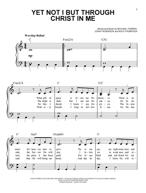Yet Not I But Through Christ In Me - CityAlight (Easy Piano)
