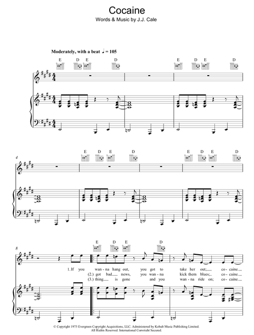 Cocaine - Eric Clapton, JJ Cale (Piano-Vocal-Guitar (Piano Accompaniment))