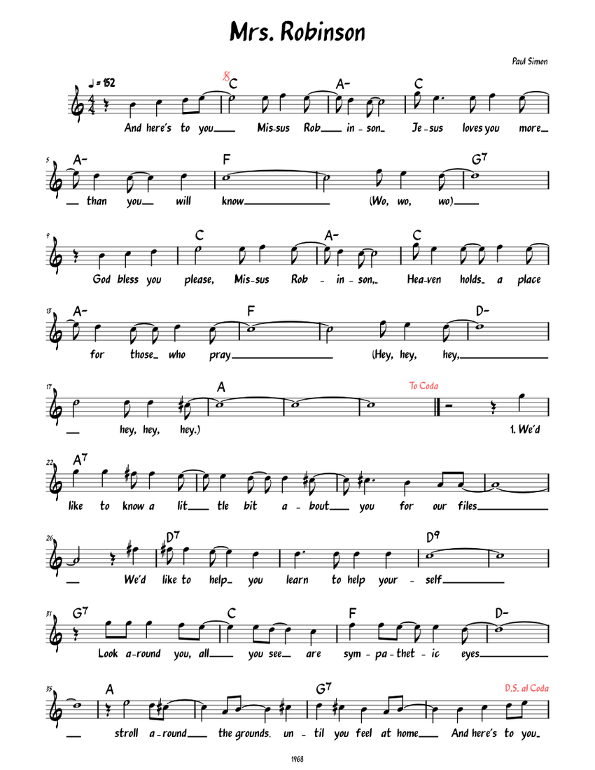 Mrs Robinson (Lead sheet with lyrics ) Sheet music for Piano (Solo) Easy