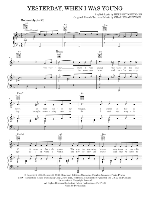 Yesterday, When I Was Young - Charles Aznavour (Piano-Vocal-Guitar)
