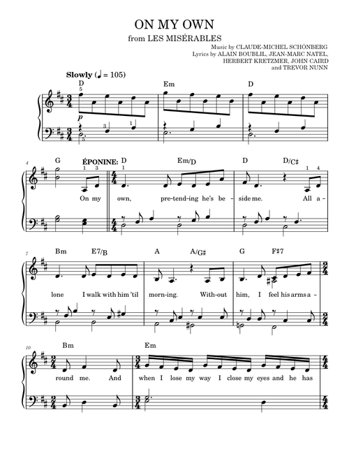 On My Own - Alain Boublil, Les Miserables Musical (Easy Piano)