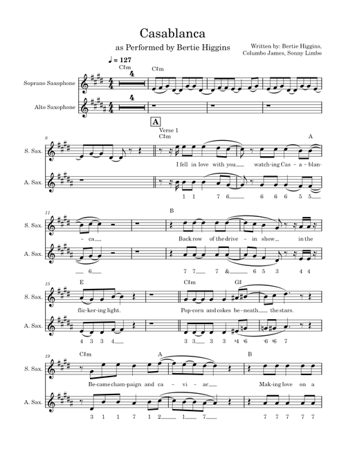 Casablanca – Bertie Higgins (Sax Duet)