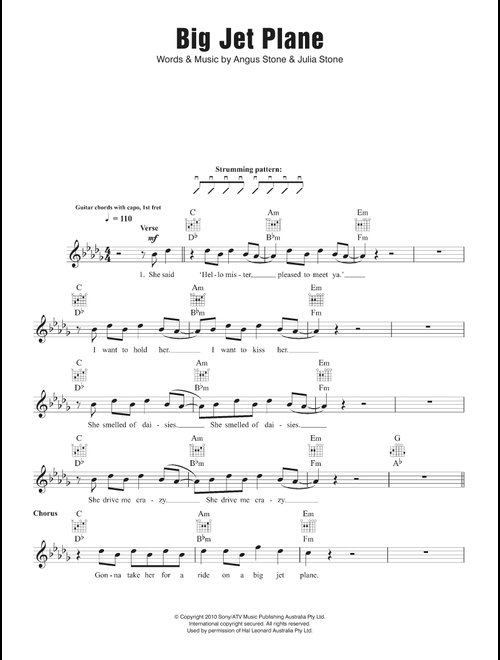 Big Jet Plane - Angus & Julia Stone (Lead Sheet - Fake Book)