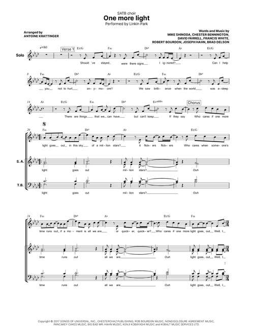 One More Light (Arr. Antoine Krattinger) - Linkin Park (Choral, SATB)