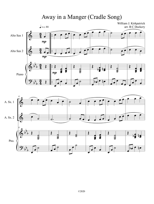 Away in a Manger (Cradle Song) for alto sax duet with piano accompaniment (Arr. B C Dockery) - William J Kirkpatrick (Instrumental Duet)