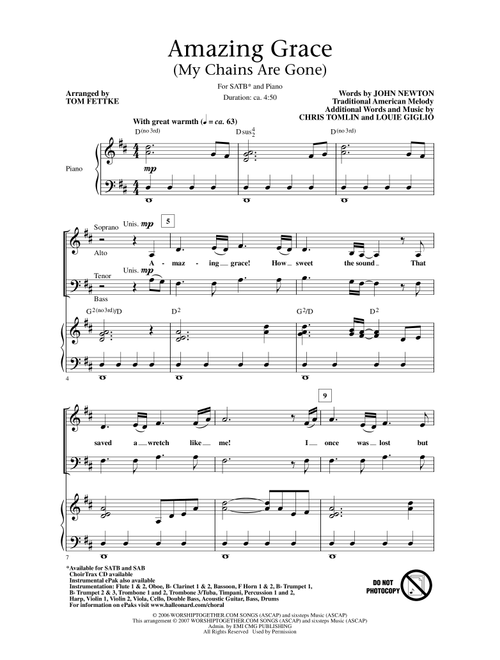 Amazing Grace (My Chains Are Gone) (Arr. Tom Fettke) - Chris Tomlin (Choral, SATB)