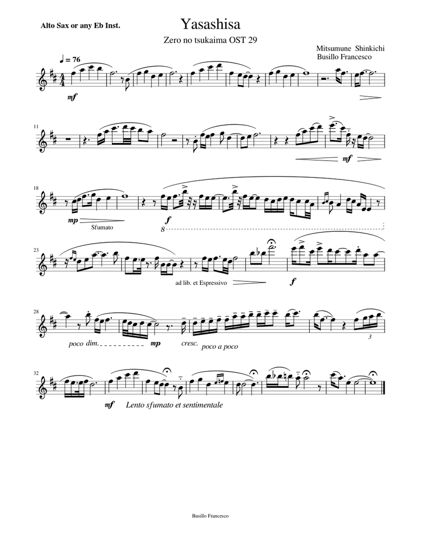 Yasashisa Zero no tsukaima Ost 29 for Alto Sax or any Eb