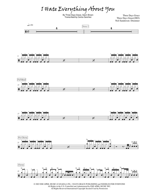 I Hate Everything About You (Arr. Carlos Sanchez) - Three Days Grace (Drums)