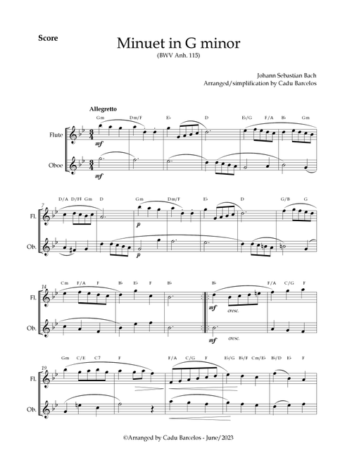 Minuet in G minor BWV anh 115 (Bach) Flute and Oboe Chords (Arr. Cadu Barcelos) - Johann Sebastian Bach (Instrumental Duet)