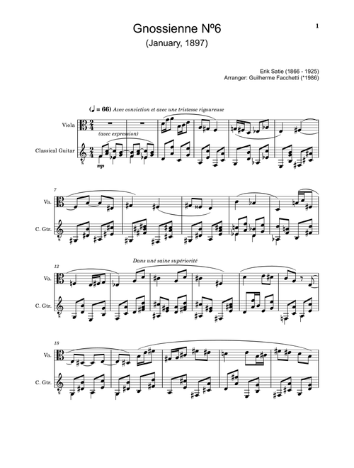 Erik Satie - Gnossienne Nº6. For Viola and Classical Guitar. (Arr. Guilherme Facchetti) (Instrumental Duet)