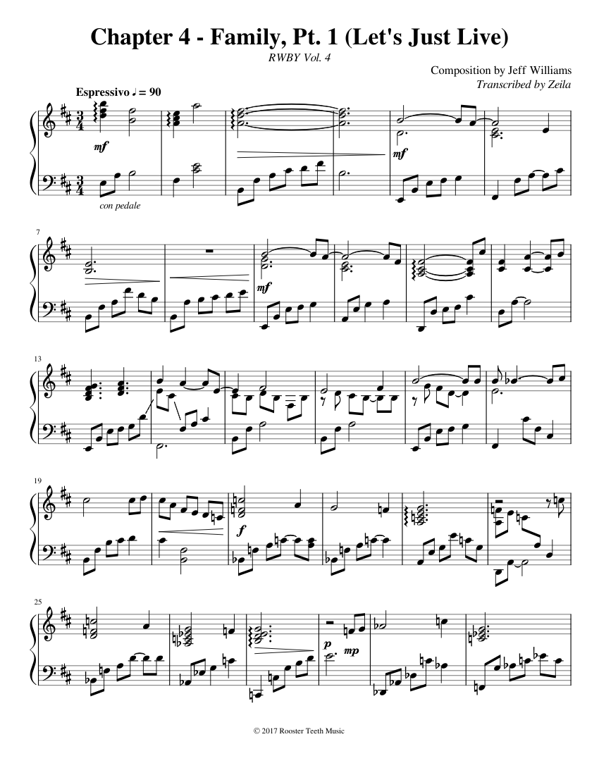 RWBY - Let's Just Live (Volume 4 - Family BGM) Sheet Music for