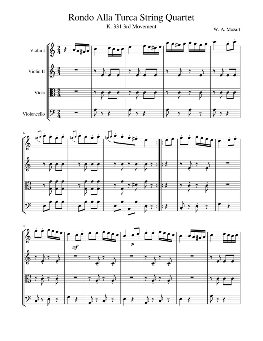 Rondo Alla Turca String Quartet Sheet Music for Violin