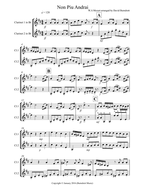 Non Più Andrai for Clarinet Duet (Arr. David Burndrett) - W.A Mozart (Clarinet Solo)