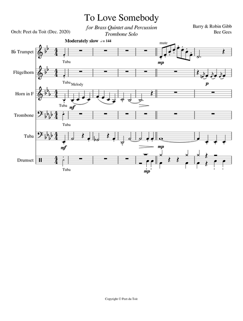 To Love Somebody - Bee Gees  (Brass Quintet & Percussion)  Trombone Solo