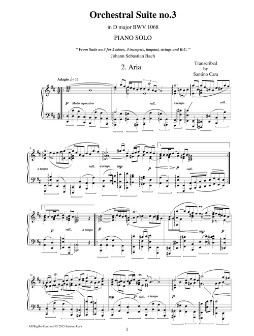 J.S.Bach - Orchestral Suite no.3 in D major BWV 1068 - 2. Aria - Piano version (Arr. Santino Cara) - Bach Johann Sebastian (Piano Solo)