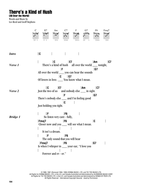 There's A Kind Of Hush (All Over The World) - Herman's Hermits, The Carpenters (Guitar Chords-Lyrics)