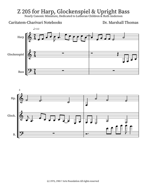 Z 205 for Harp, Glockenspiel & Upright Bass - Celebrity Chamber Players (Small Ensemble)
