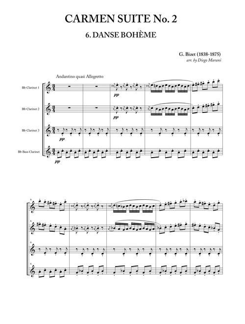 Gypsy Dance from "Carmen Suite No. 2" for Clarinet Quartet (Arr. Diego Marani) - BIZET (Woodwind Ensemble)