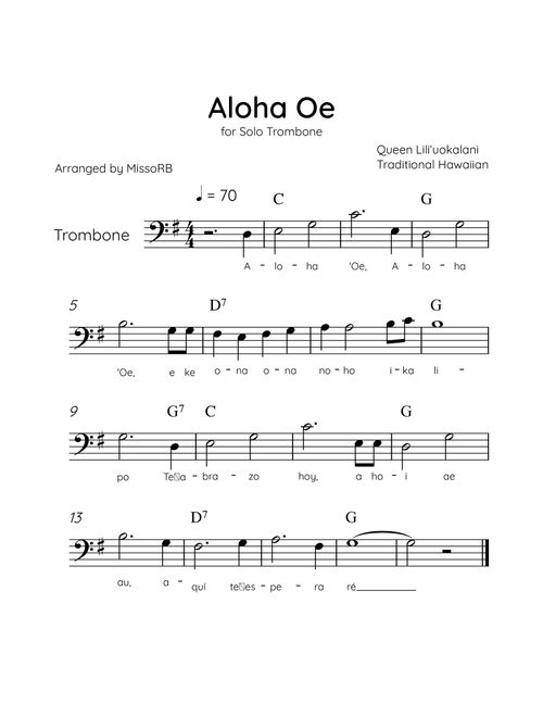 Aloha Oe - Solo Trombone in G Major Easy With Lyrics & Chords (Arr. MissoRB) - Queen Liliʻuokalani (Trombone Solo)