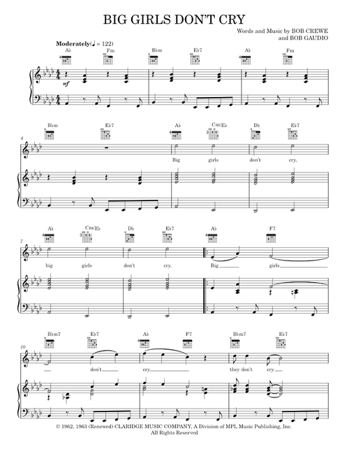Big Girls Don't Cry - Frankie Valli, Frankie Valli & The Four Seasons, Jersey Boys Musical, The Four (Piano-Vocal-Guitar)