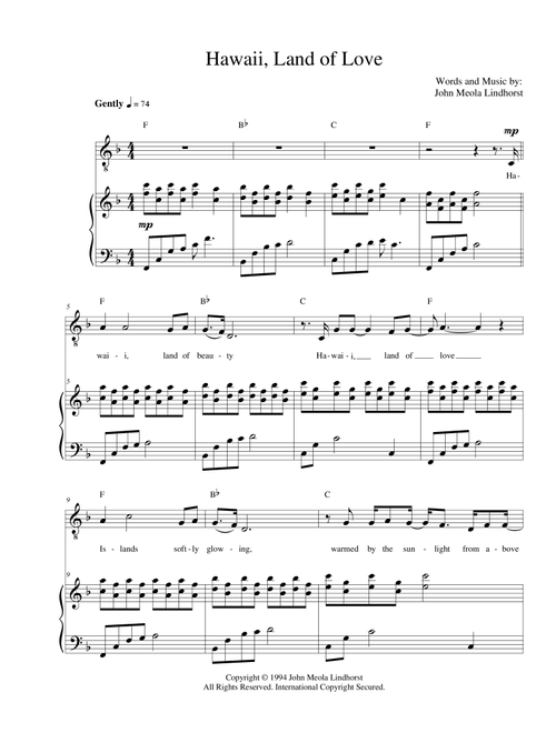 Hawaii, Land of Love - John Meola Lindhorst (Piano Vocal)