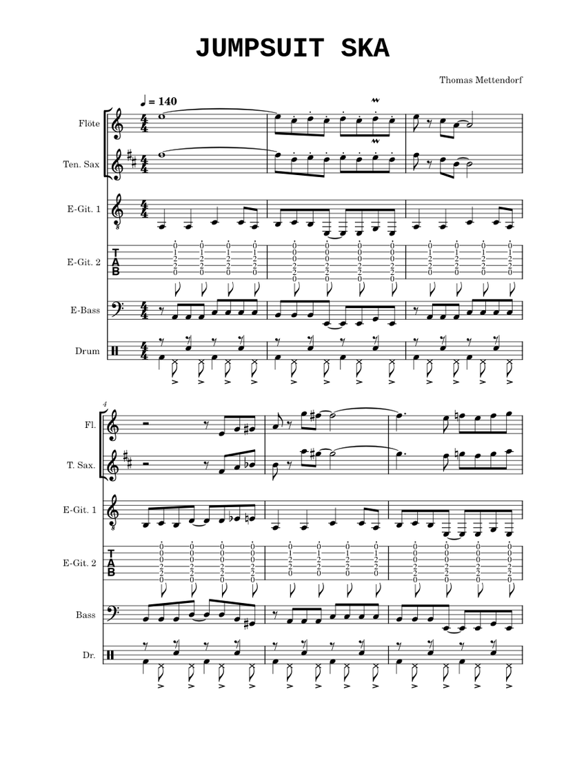 Jumpsuit Ska Sheet music for Flute, Saxophone tenor, Guitar, Bass ...