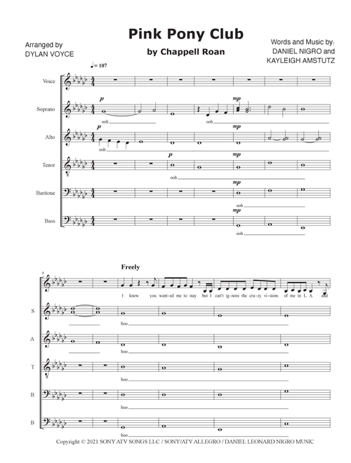 Pink Pony Club (Arr. Dylan Voyce) - Chappell Roan (Choral, SATB divisi)