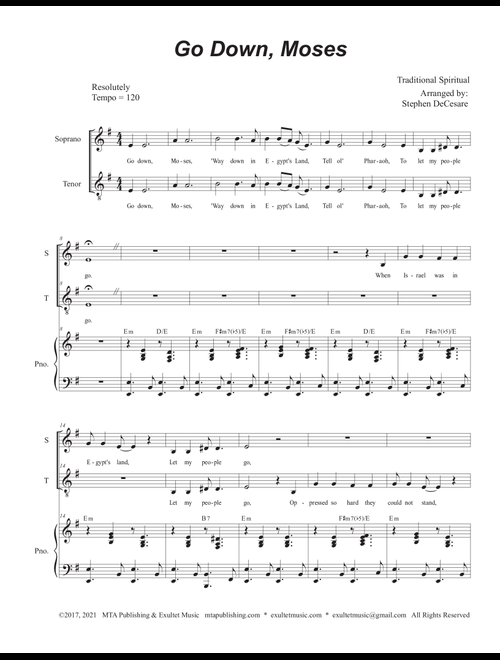 Go Down, Moses (Duet for Soprano and Tenor solo) (Arr. Stephen DeCesare) - African-American Spiritual (Voice Duet and Piano)