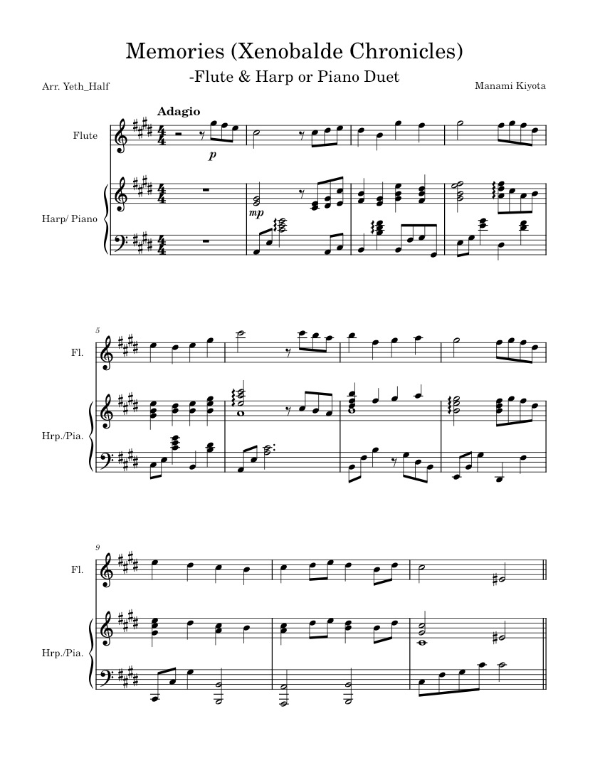 Memories Xenoblade Chronicles (For flute and Piano/ Harp Duet) Sheet music for Flute, Harp