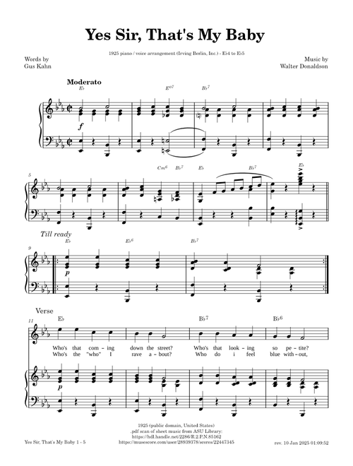 Yes Sir, That's May Baby - Walter Donaldson, Gus Kahn [1925 piano / vocal arrangement]
