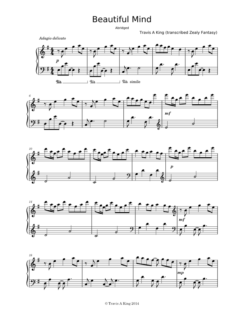 Beautiful Mind - Travis A King Sheet Music for Piano (Solo) Easy ...