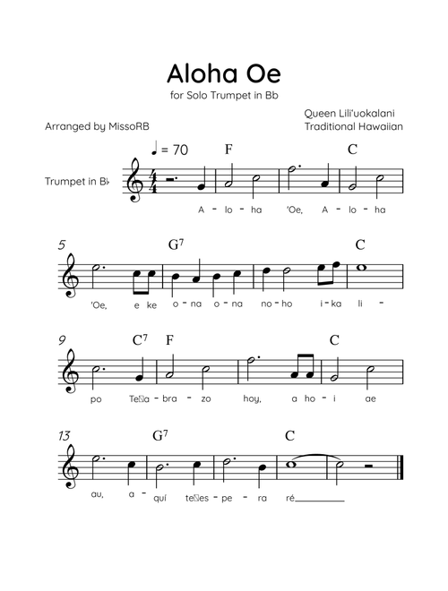 Aloha Oe - Solo Trumpet in Bb in Bb Major Easy With Lyrics & Chords (Arr. MissoRB) - Queen Liliʻuokalani (Trumpet Solo)