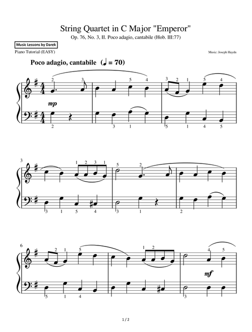 String Quartet in C Major "Emperor" (EASY PIANO) Op. 76, No. 3, (Hob. III:77) [Joseph Haydn] (Arr. Darek) (Easy Piano)