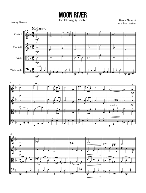 Moon River – Henry Mancini Moon River for String Quartet