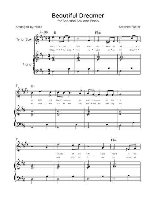 Beautiful Dreamer - Tenor Sax and Piano in D Major Easy - Lyrics & Chords (Version Tom Roush) (Arr. Misso) (Tenor Sax and Piano)