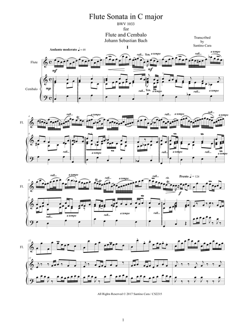Bach - Flute Sonata in C major BWV 1033 for Flute and Harpsichord or Piano (Arr. Santino Cara) - Bach Johann Sebastian (Instrumental Duet)
