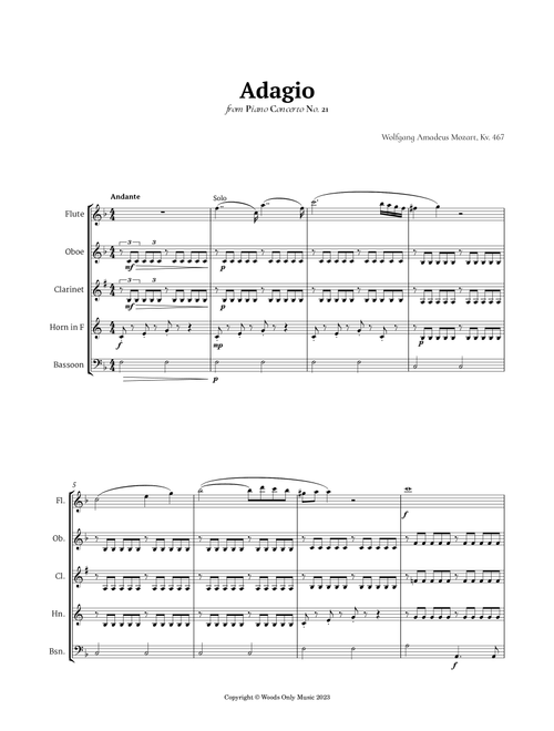 Andante from Piano Concerto No. 21 by Mozart for Woodwind Quintet (Arr. Ander) (Woodwind Ensemble)