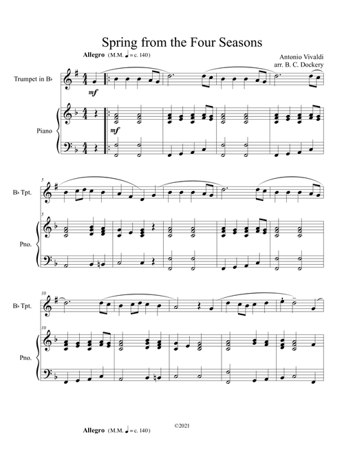 Spring from the Four Seasons (Trumpet Solo) with piano accompaniment (Arr. B. C. Dockery) - Antonio Vivaldi (Trumpet and Piano)