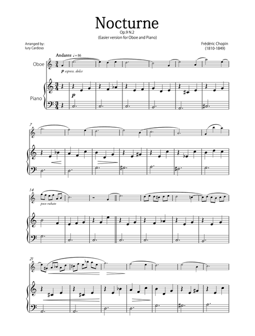 "Nocturne" (Chopin) - Beautiful EASY version for OBOE and PIANO (Arr. Iury Cardoso) - Frédéric Chopin (Oboe and Piano)