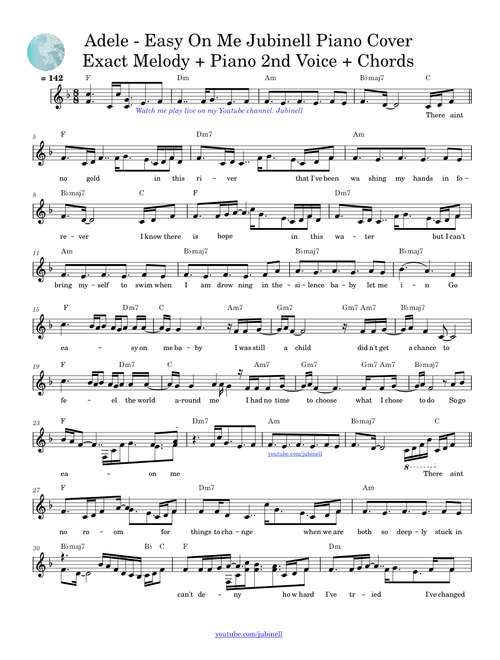 Adele - Easy On Me Sheet Music (Exact Melody + Lyrics + Second Voice Piano + Chords)
