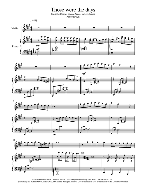 Those Were The Days (Arr. RKKR) - Charles Strouse (Violin and Piano)