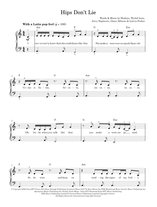 Hips Don't Lie - Shakira feat. Rihanna (Easy Piano)