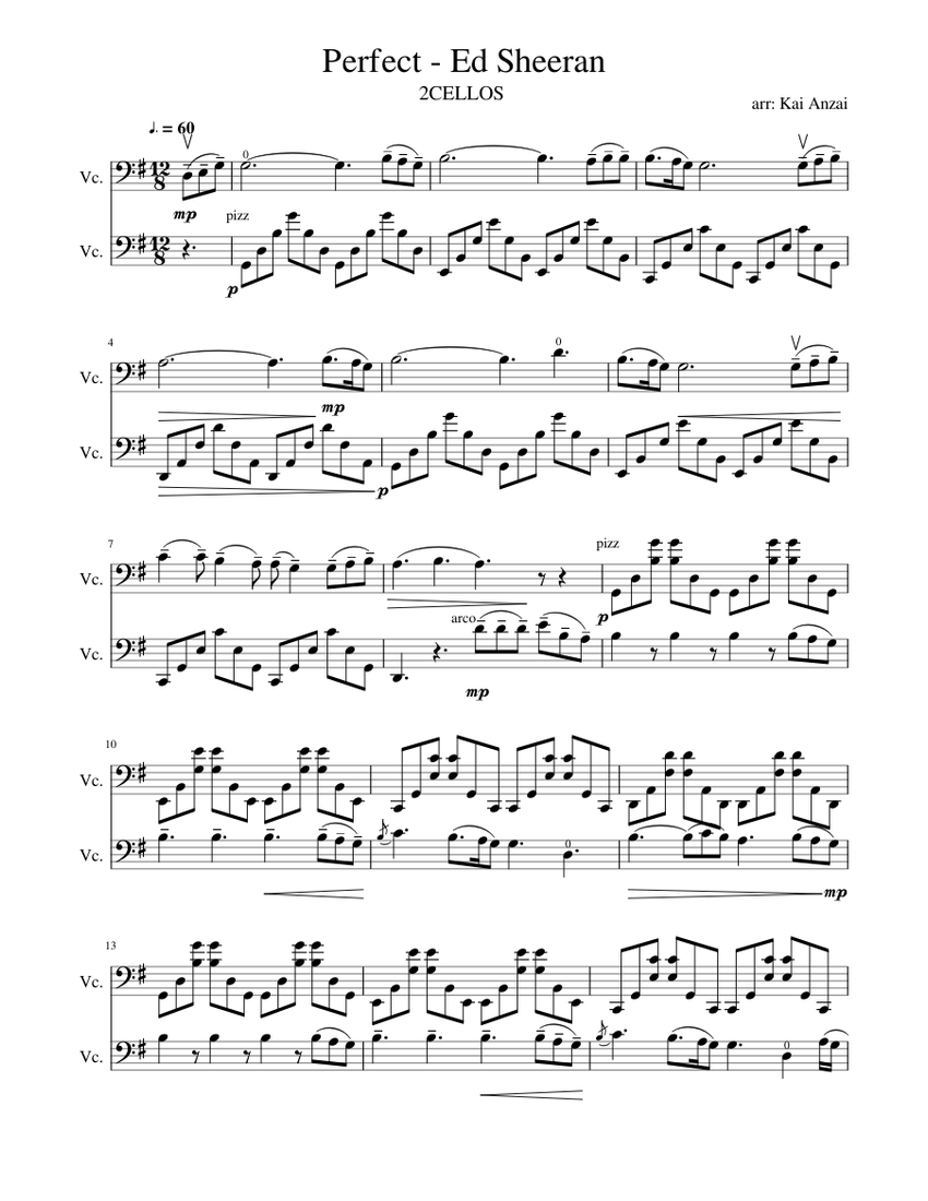 Perfect - Ed Sheeran - (2CELLOS) Sheet Music for Cello (String Duet ...