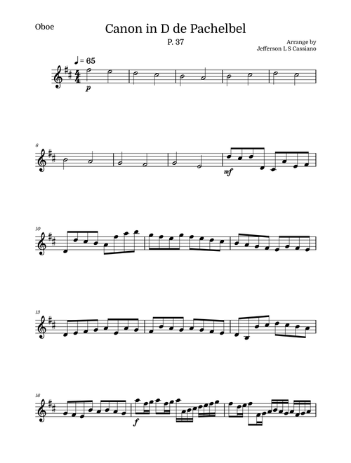 Canon in D – Oboe Solo (Easy / Intermediate) – Johann Pachelbel (Arr. Jefferson LS Cassiano) (Oboe Solo)
